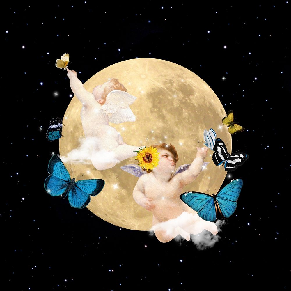 Vintage cherubs dreamy moon collage remix