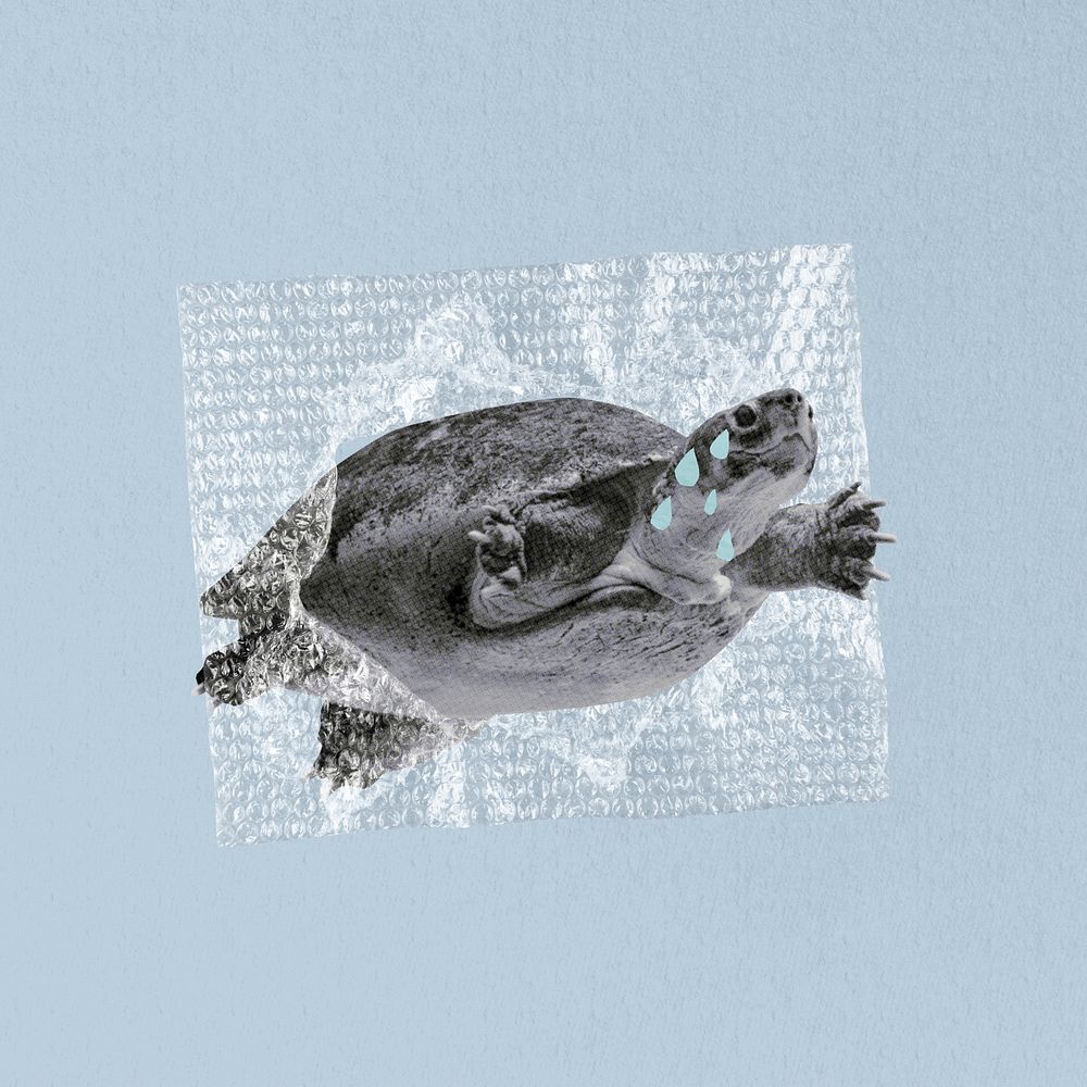 Ocean waste pollution, turtle in plastic collage remix