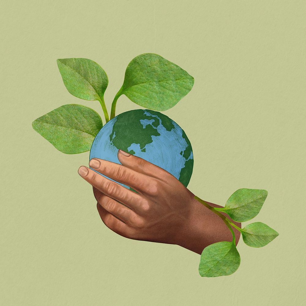 Vintage hand holding globe, environment collage remix