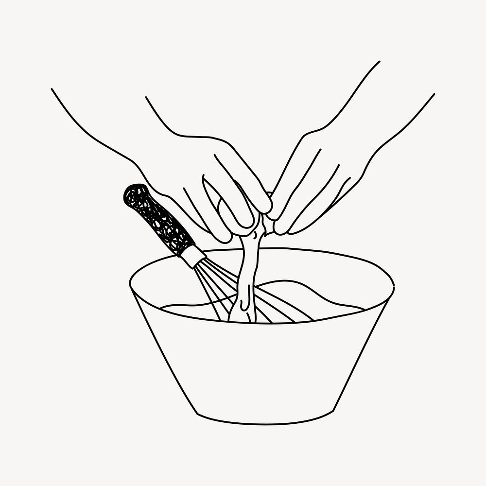 Egg cracked into mixing bowl doodle illustration vector
