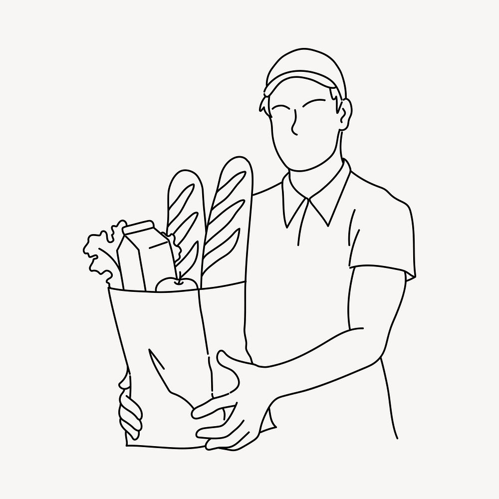 Baker man holding baguettes doodle illustration vector