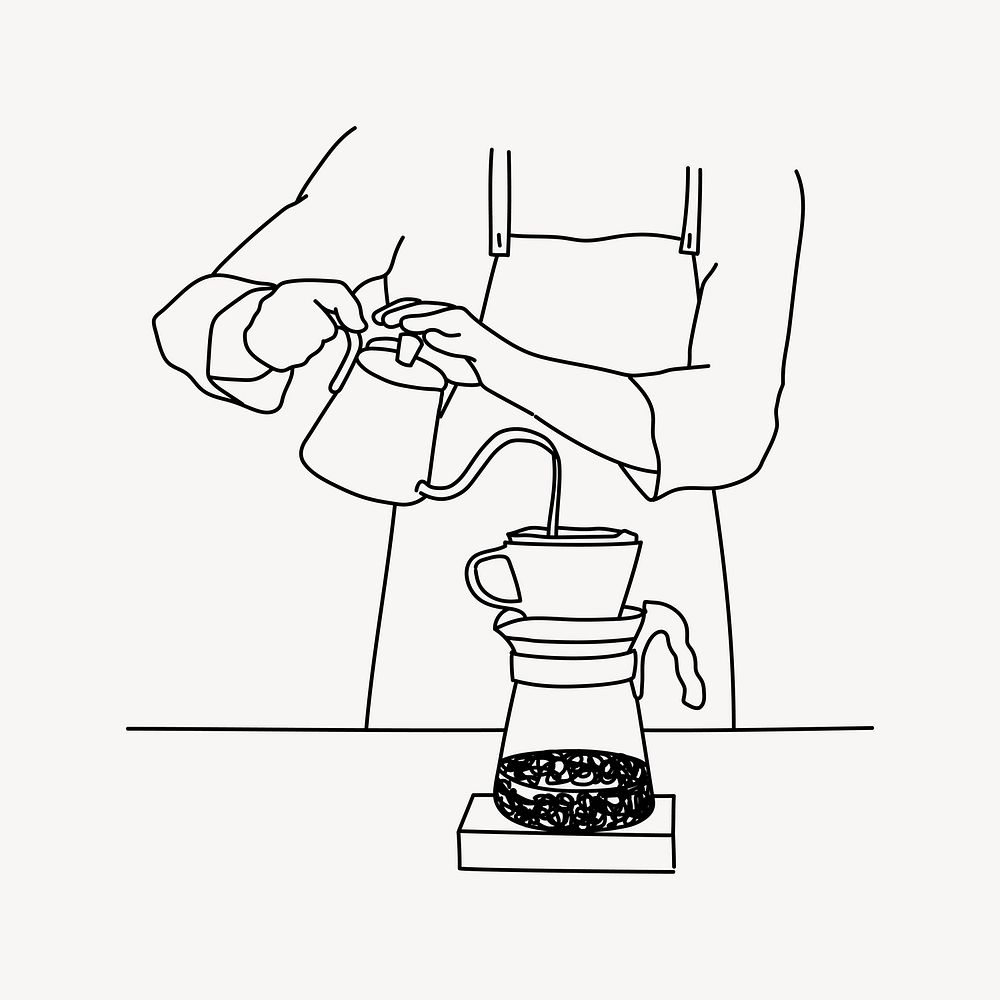 Barista preparing drip coffee doodle illustration vector