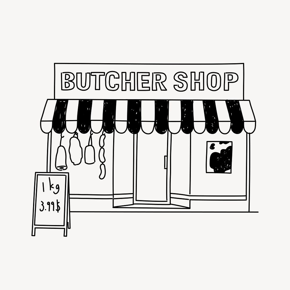 Butcher shop front doodle illustration vector