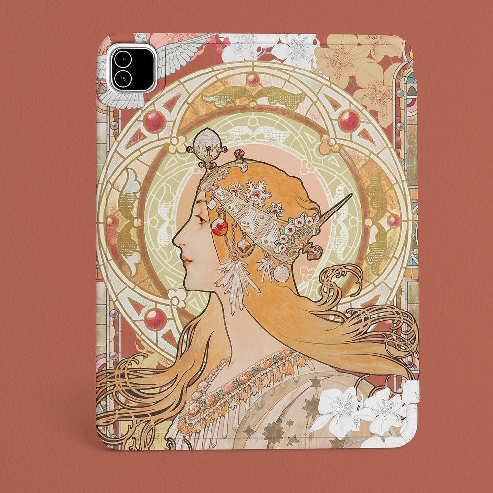 Tablet case mockup, product design with Alphonse Mucha's famous artwork psd. Remixed by rawpixel.