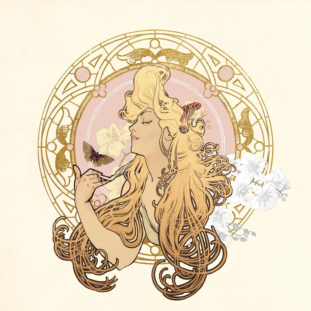 Alphonse Mucha's blonde woman, art nouveau illustration. Remixed by rawpixel.