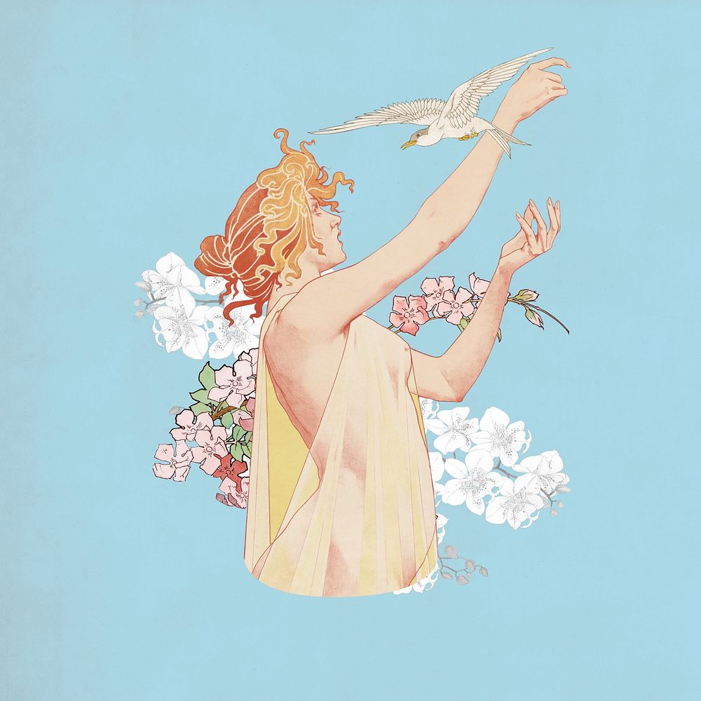 Woman and bird, vintage illustration by Absinthe Robette. Remixed by rawpixel.