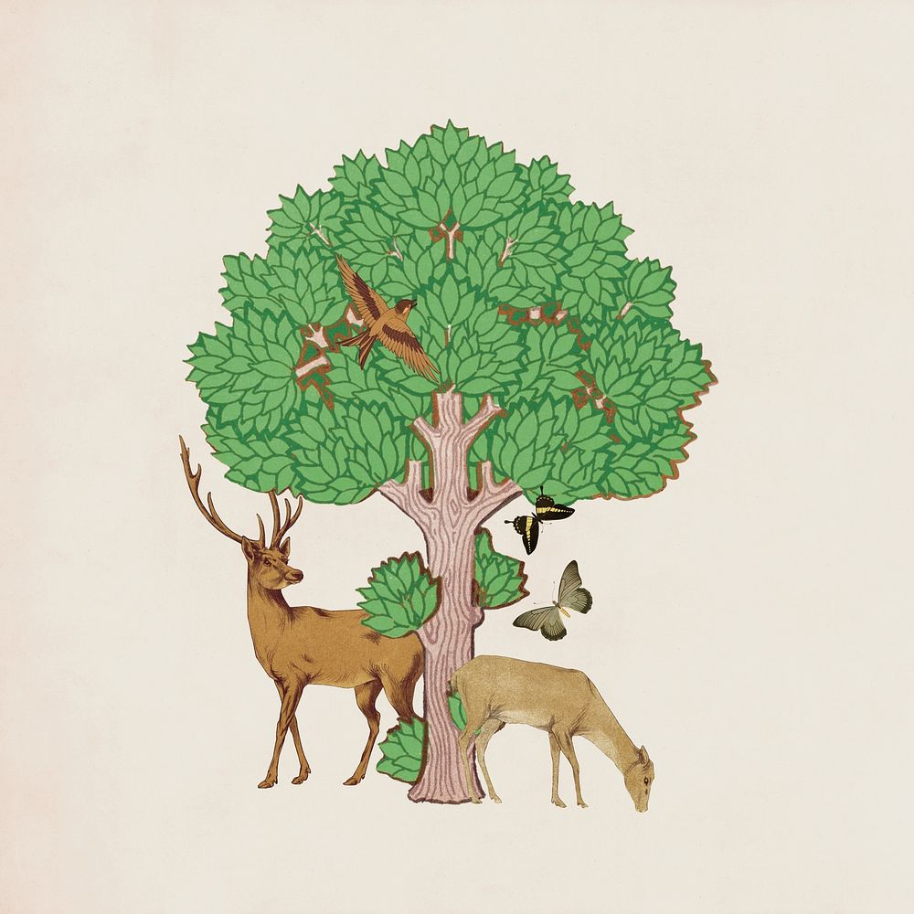 Stag deer and tree, vintage animal illustration. Remixed by rawpixel.