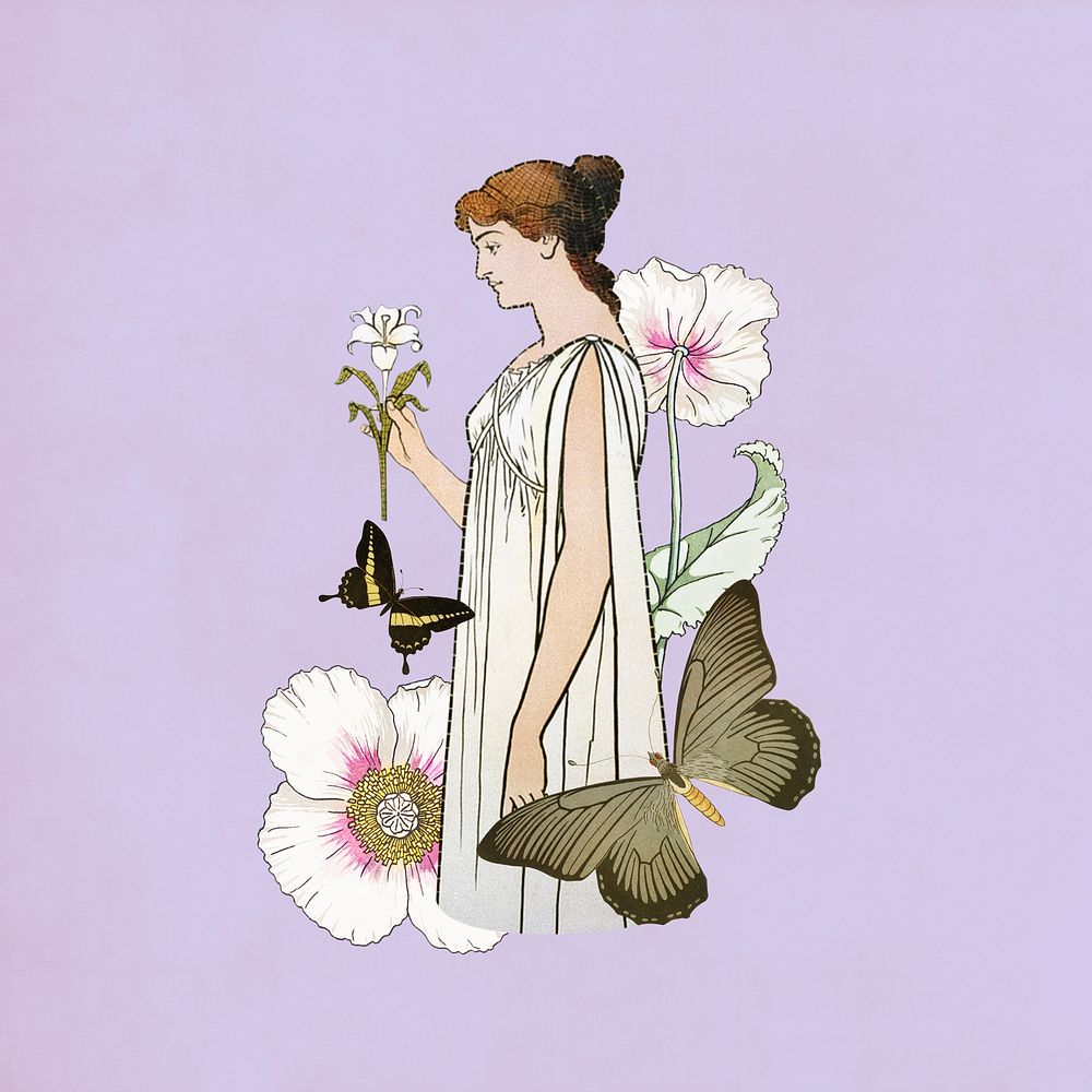 Woman holding flower, vintage art nouveau illustration. Remixed by rawpixel.
