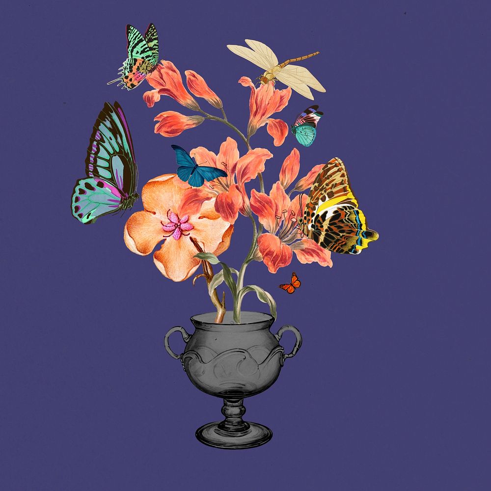 Flower and butterfly, vintage botanical illustration. Remixed by rawpixel.