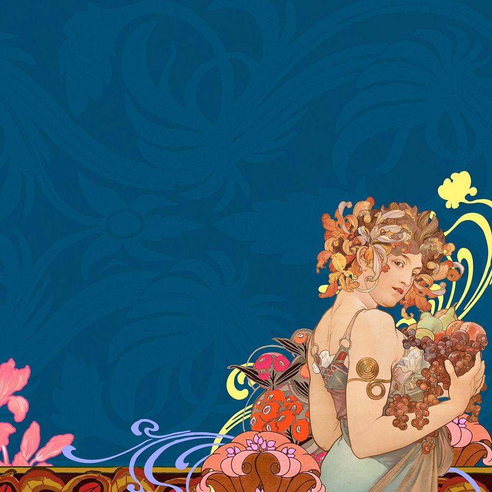 Alphonse Mucha's Fruits background, vintage art nouveau illustration. Remixed by rawpixel.