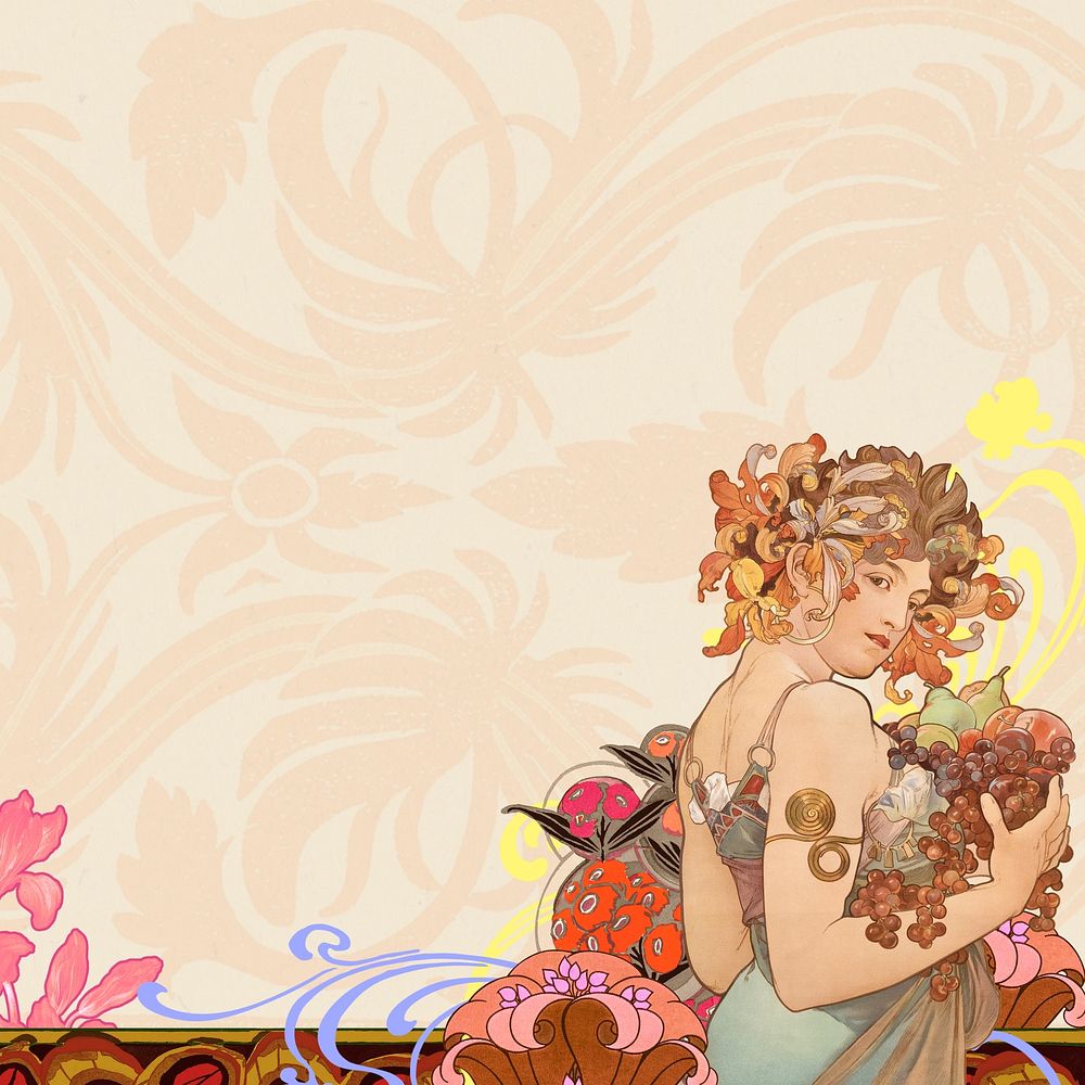 Alphonse Mucha's Fruits background, vintage art nouveau illustration. Remixed by rawpixel.