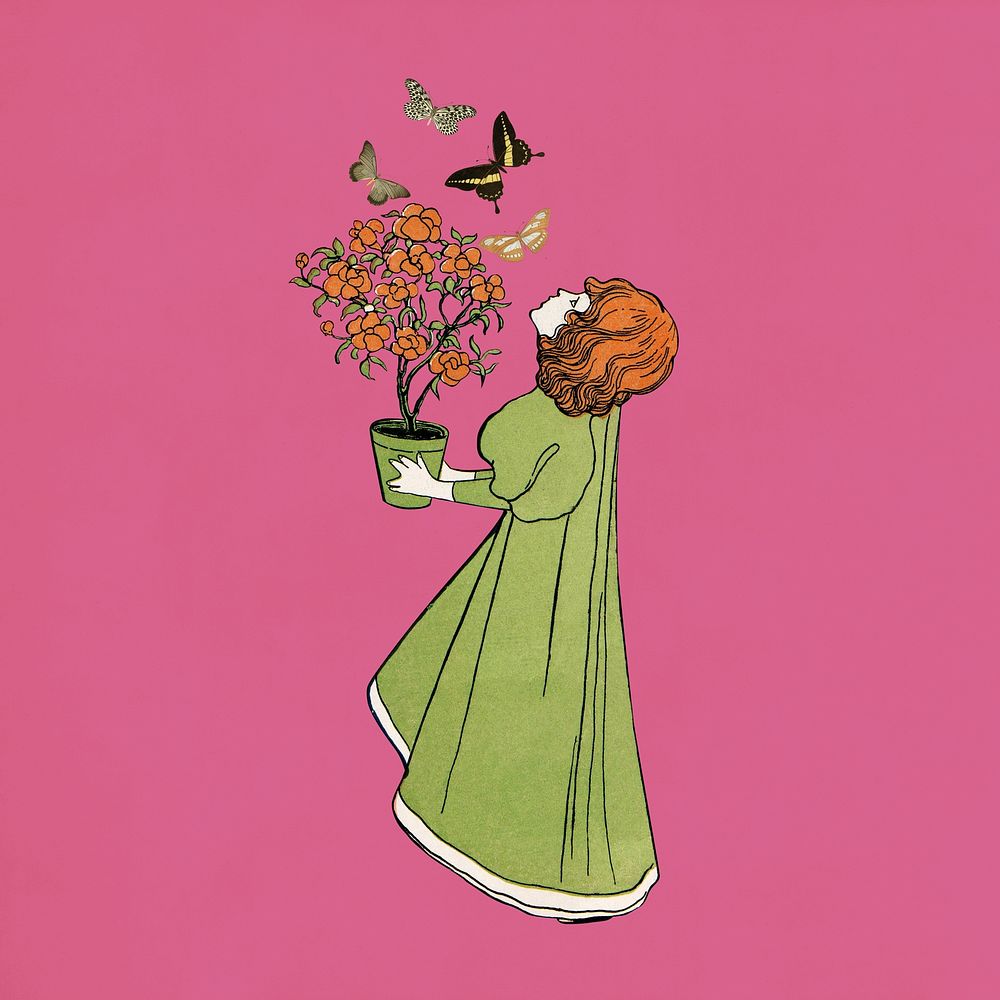 Girl holding flower pot, Josef Rudolf Witzel's vintage illustration. Remixed by rawpixel.