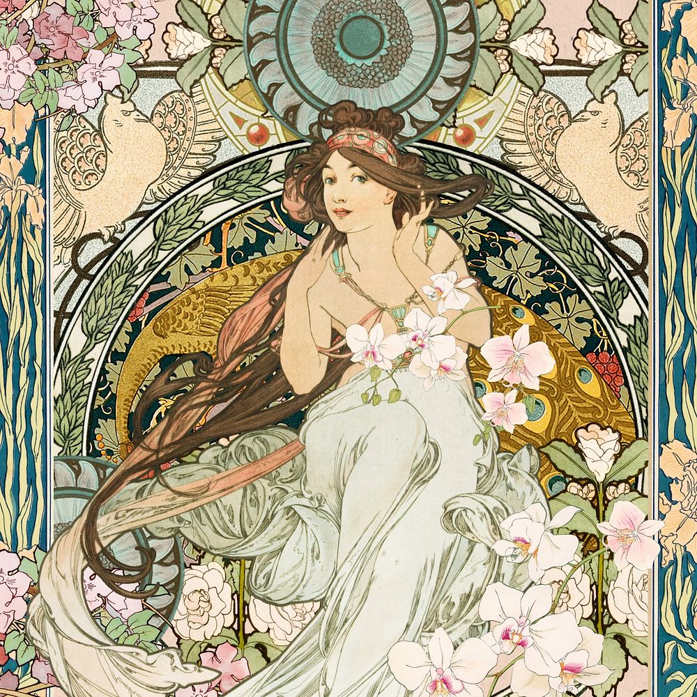 Alphonse Mucha's Music, floral woman art nouveau illustration. Remixed by rawpixel.