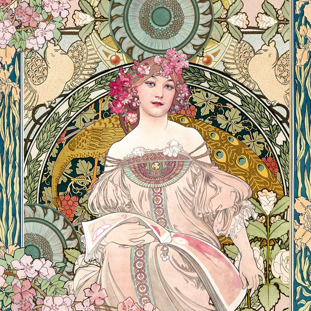 Alphonse Mucha's woman, floral art nouveau illustration. Remixed by rawpixel.