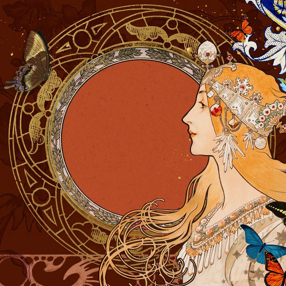 Red art nouveau frame background, Alphonse Mucha's woman illustration. Remixed by rawpixel.