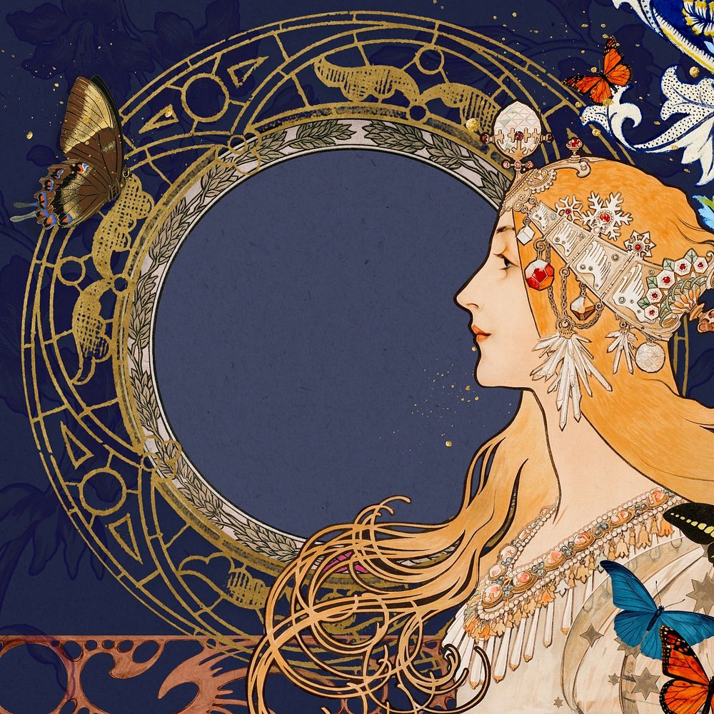 Blue art nouveau frame background, Alphonse Mucha's woman illustration. Remixed by rawpixel.