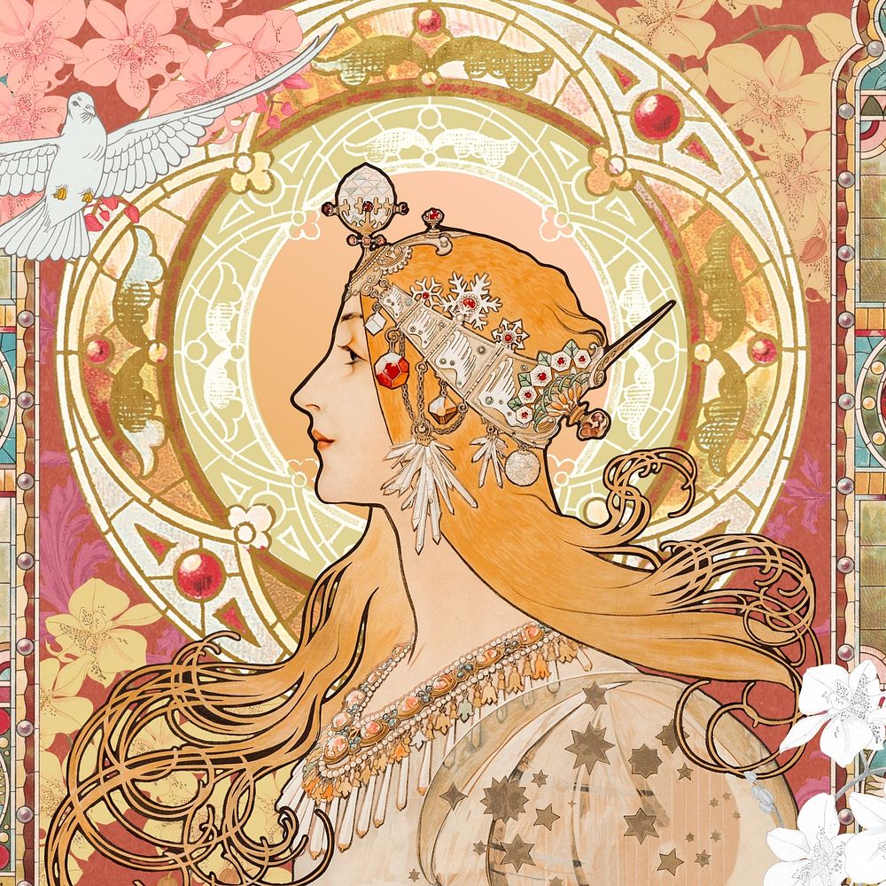 Alphonse Mucha's woman, art nouveau vintage illustration. Remixed by rawpixel.