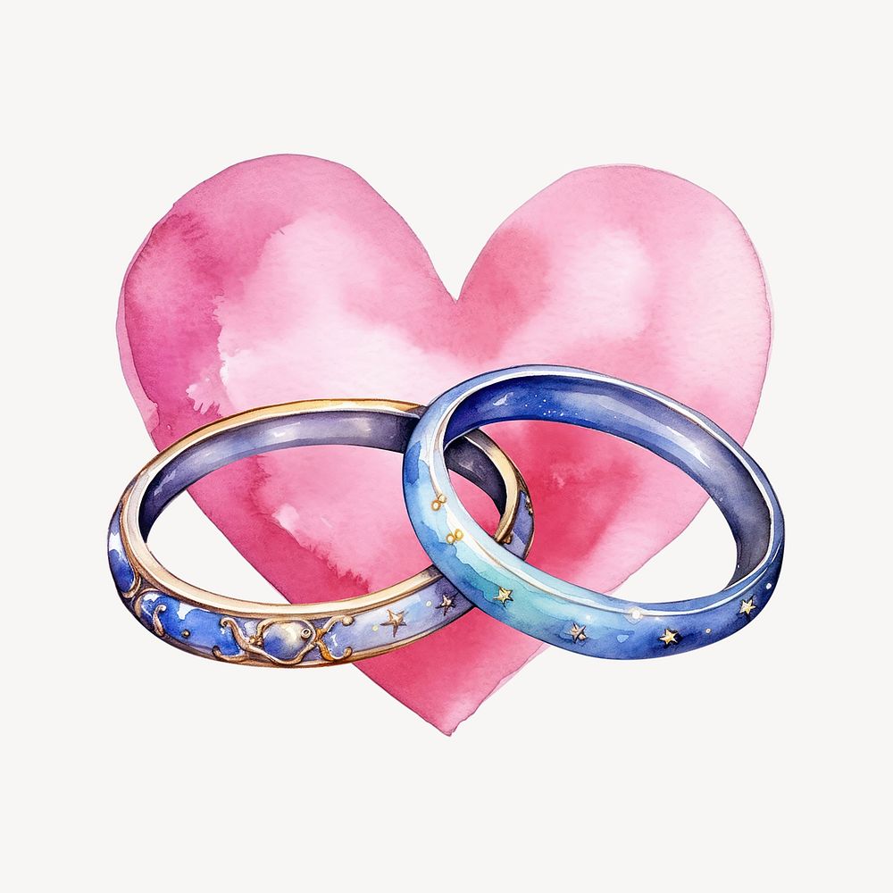 Blue couple rings, watercolor illustration remix