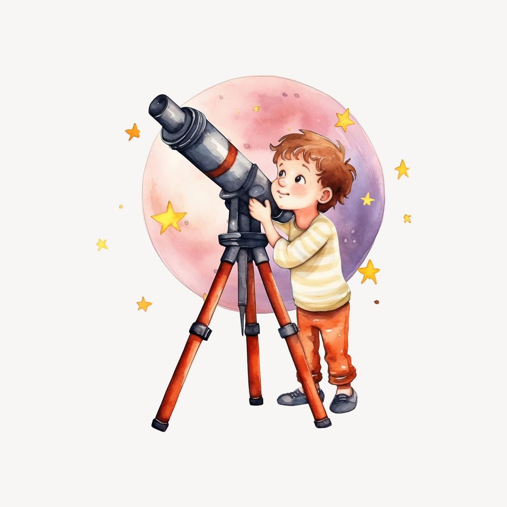Boy using astronomical telescope, watercolor illustration remix