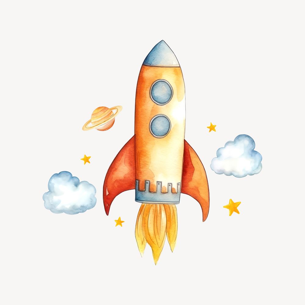 Launching rocket, watercolor illustration remix