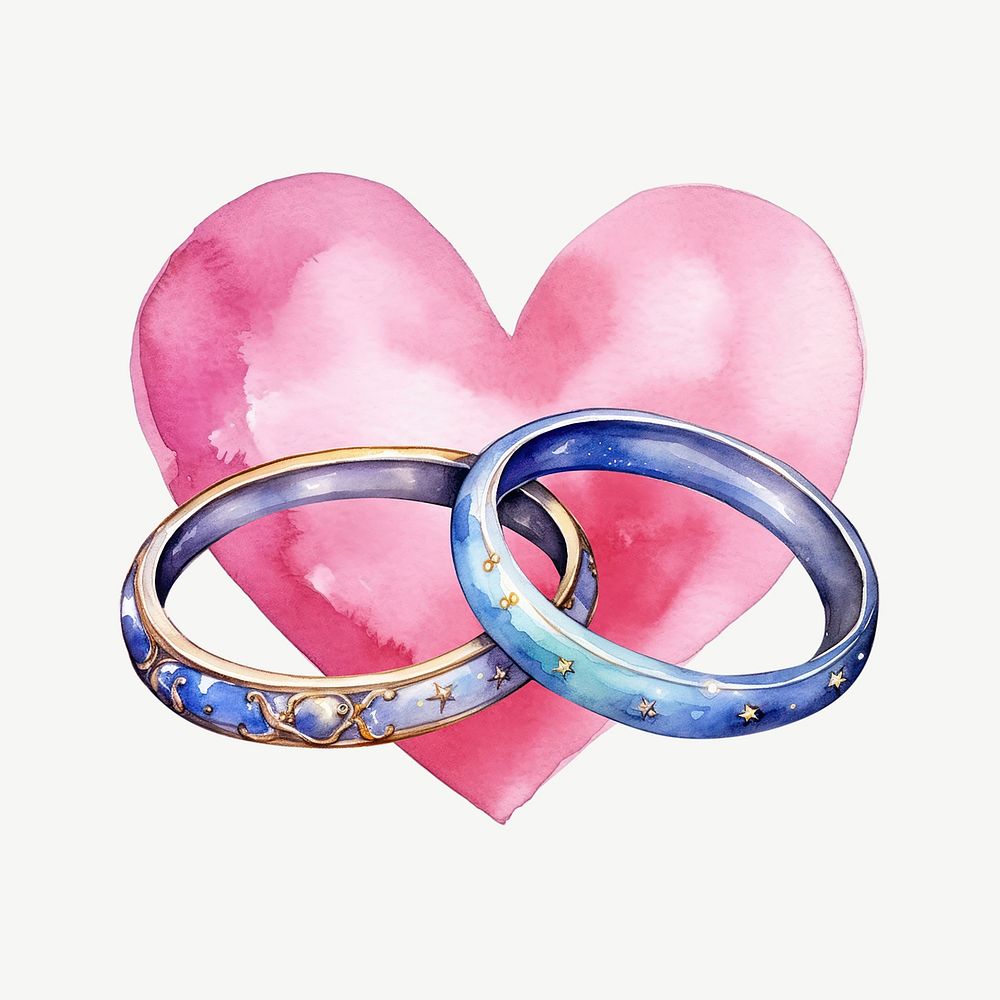 Blue couple rings, watercolor collage element psd