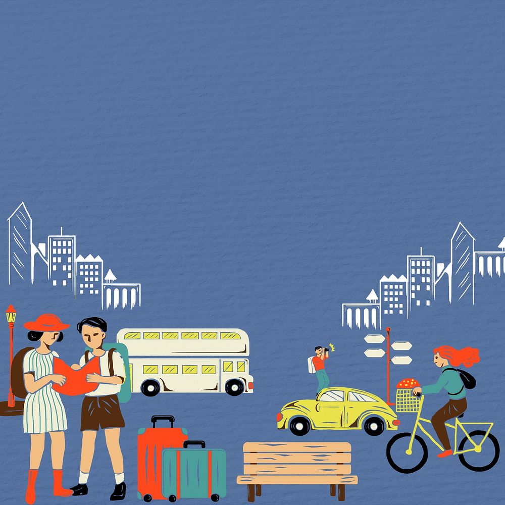 Blue City travel background, retro illustration 