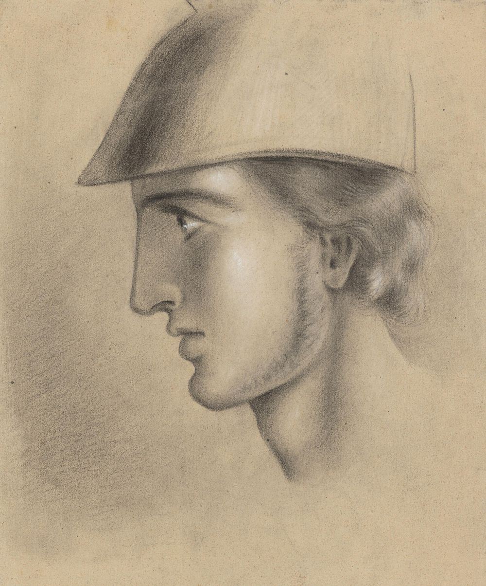 Head of a young man in a helmet