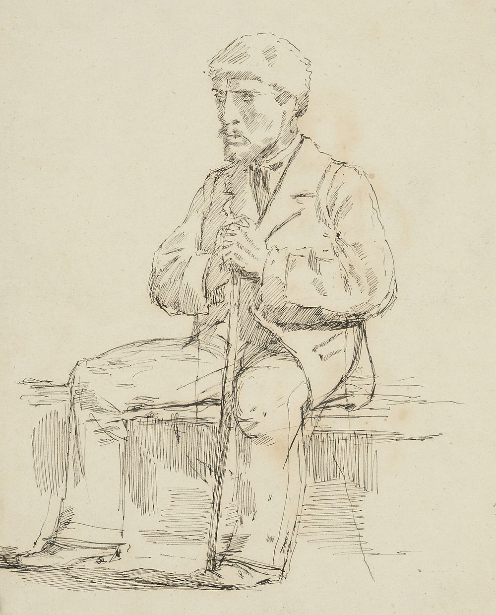 On the obverse, a study of a seated man with a cane