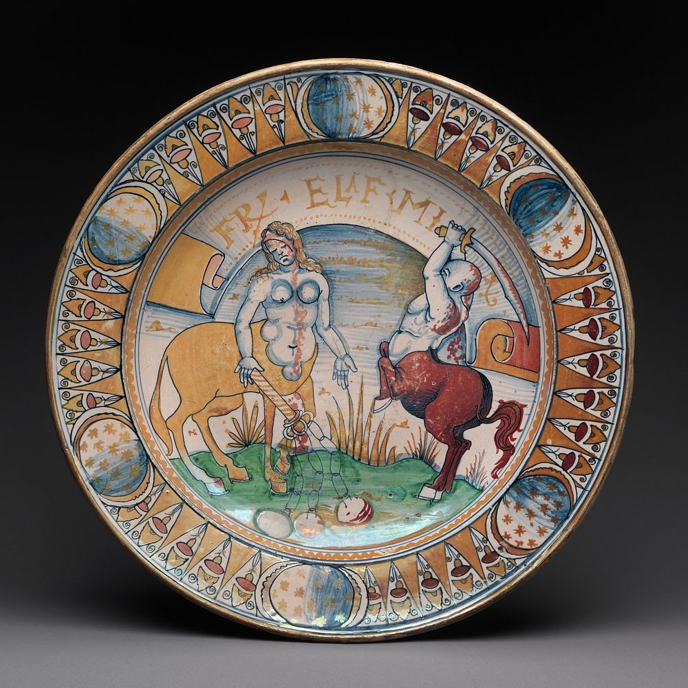 Dish with centaur and centauress battling