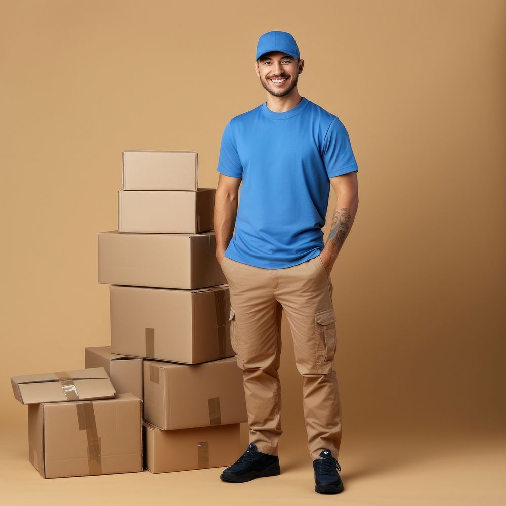 Smiling delivery guy cardboard t-shirt box. AI generated Image by rawpixel.