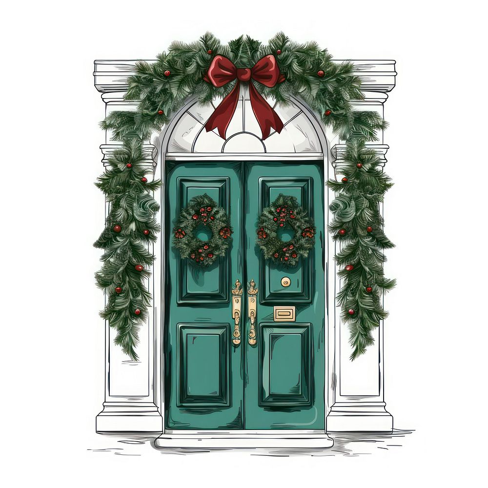 Christmas wreath door architecture white background