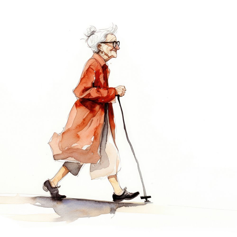 Old woman walking looking happy cartoon sketch adult. AI generated Image by rawpixel.