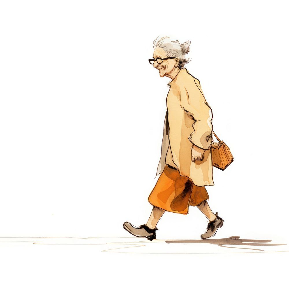 Old woman walking looking happy cartoon shadow sketch. AI generated Image by rawpixel.