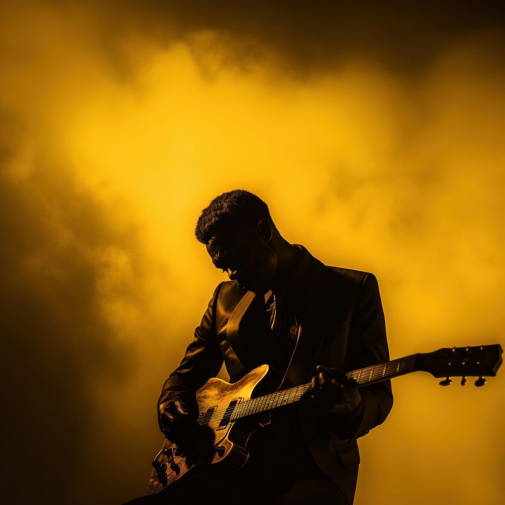 Black man playing guitar silhouette musician lighting. AI generated Image by rawpixel.