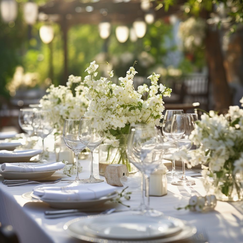 Outdoor table flower tablecloth outdoors. 