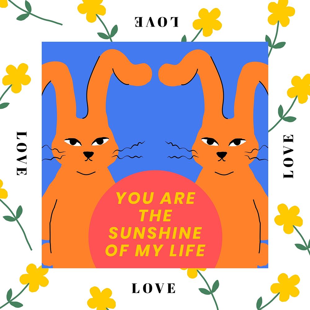 Love quote, cute rabbits illustration Instagram post template