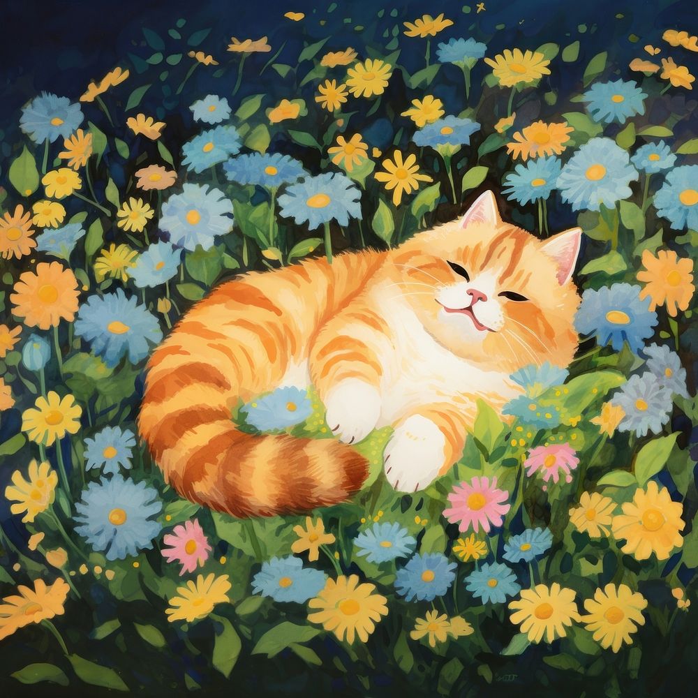 Chubby cat flower painting animal. AI generated Image by rawpixel.