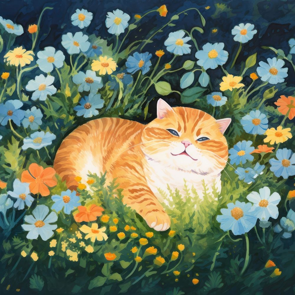 Chubby cat flower painting outdoors. AI generated Image by rawpixel.