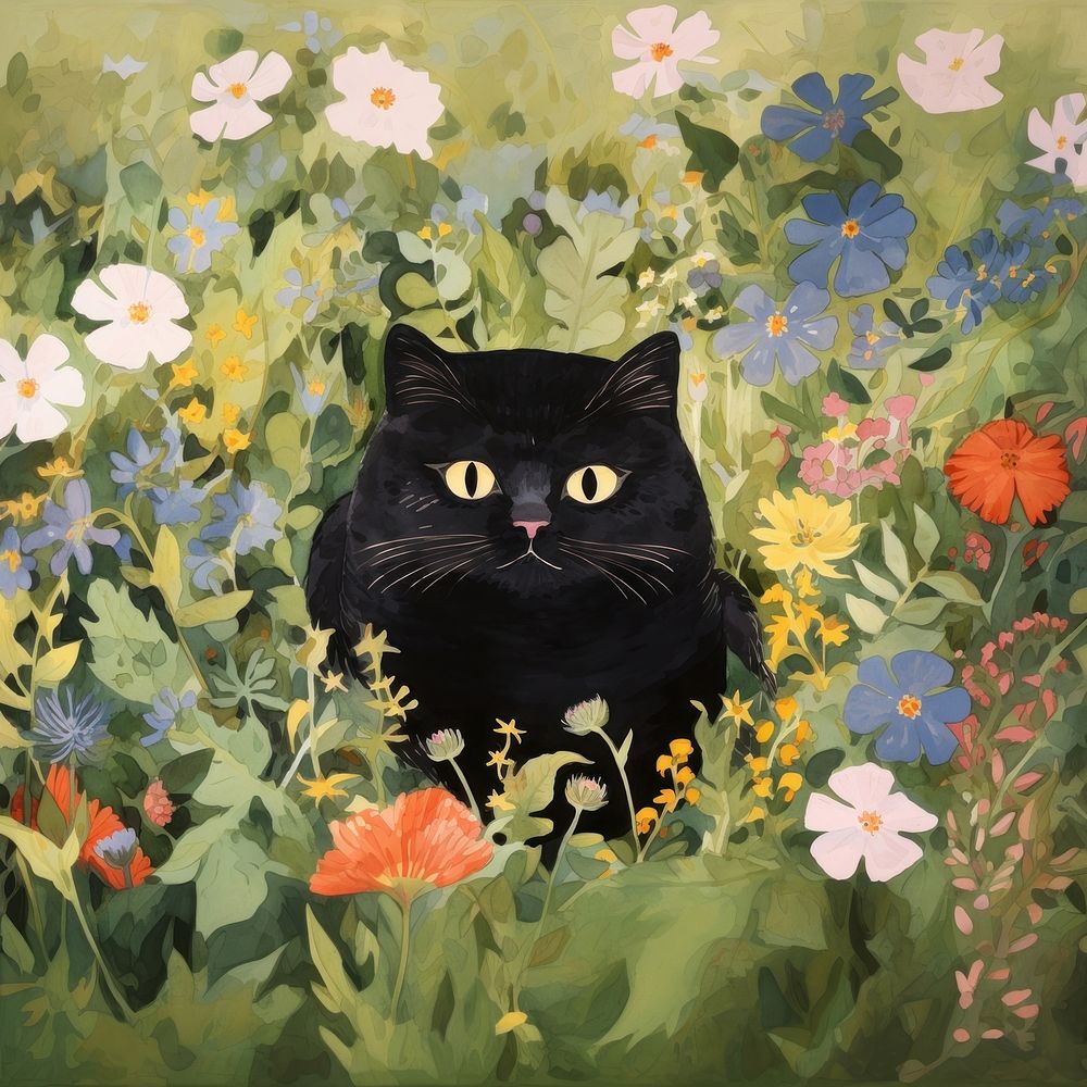 Chubby Cat Flower Painting Animal. 