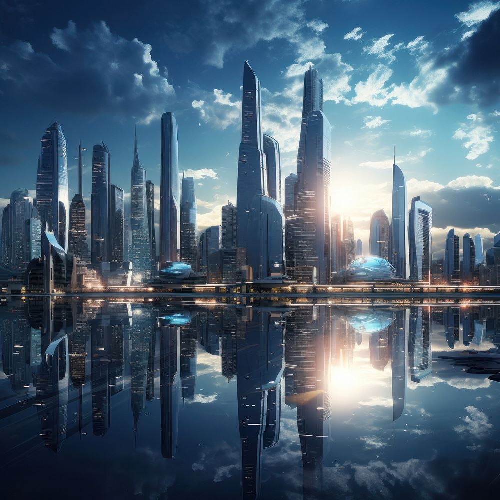 Futuristic city skyline architecture illuminated futuristic. AI generated Image by rawpixel.