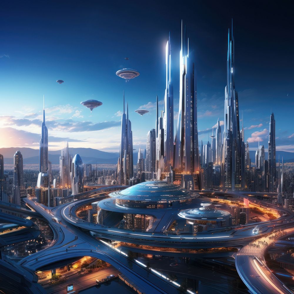 Futuristic city skyline architecture illuminated futuristic. AI generated Image by rawpixel.