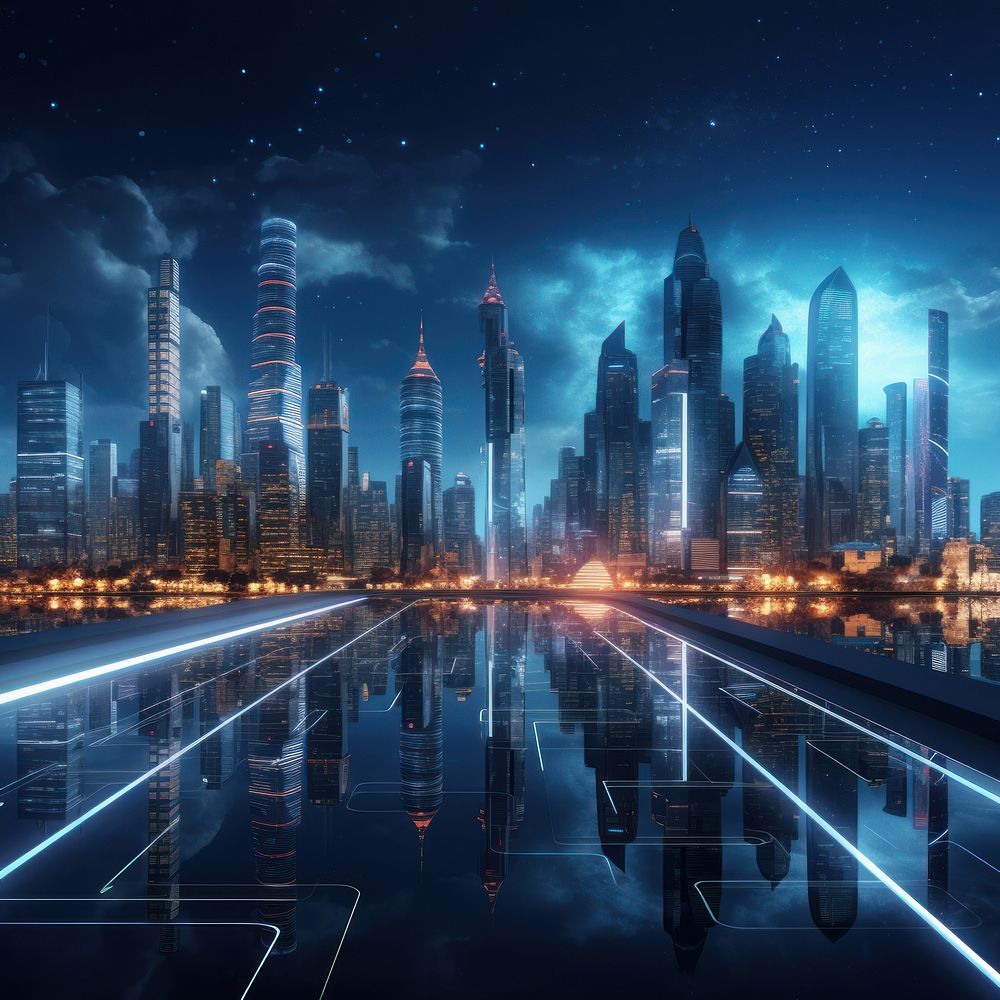 Futuristic city skyline night architecture illuminated. AI generated Image by rawpixel.