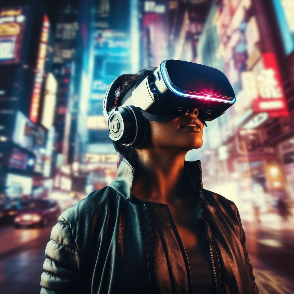 Vr headset futuristic cityscape portrait. AI generated Image by rawpixel.