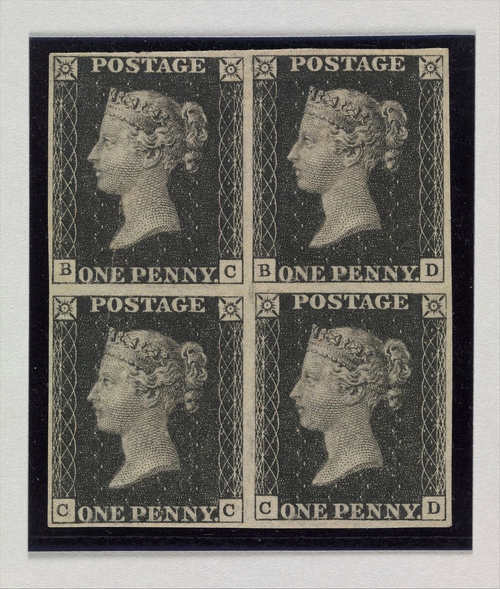 Unused block of four "Penny Black" postage stamps of Queen Victoria