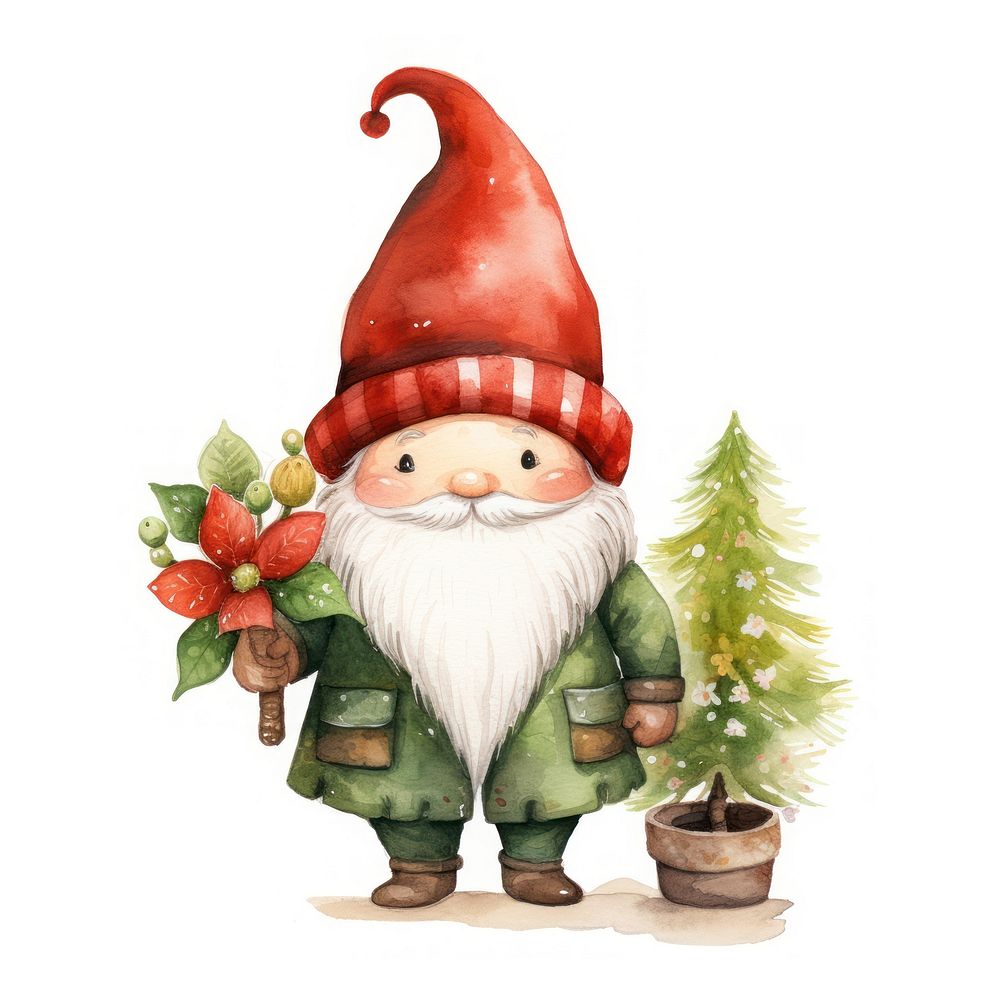 Flat watercolor paint christmas tree graphic gnome. 