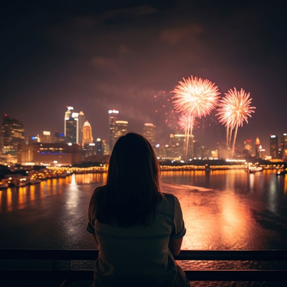 New year fireworks night city. AI generated Image by rawpixel.