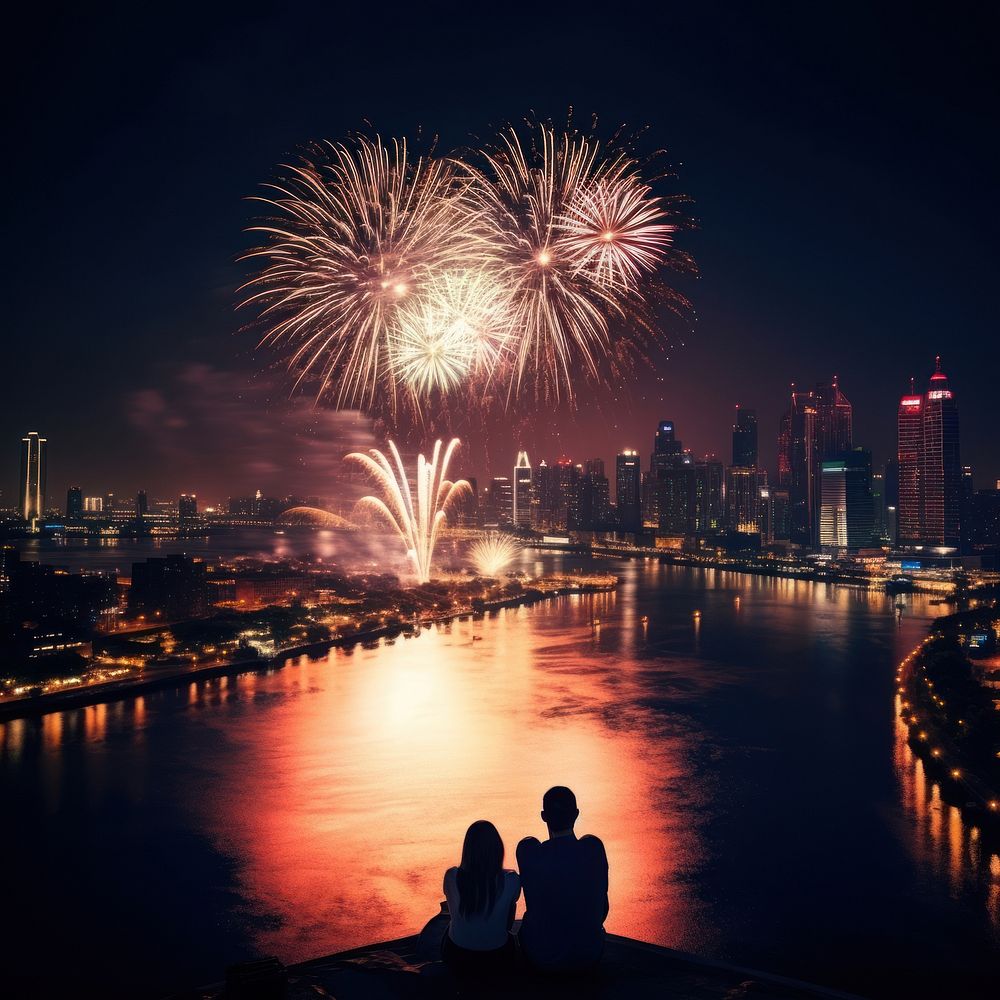 New year fireworks night city. AI generated Image by rawpixel.