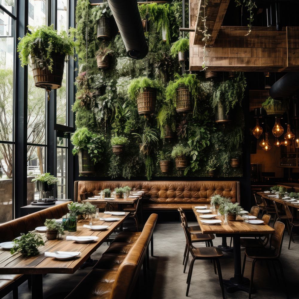 Restaurant with a green wall and a wooden table plant architecture chair. AI generated Image by rawpixel.