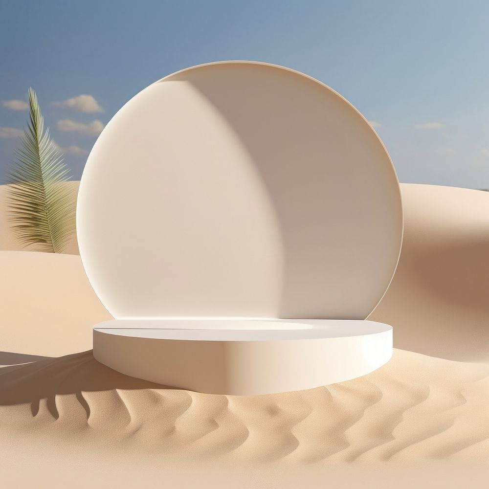 Empty white podium nature sand sunlight. AI generated Image by rawpixel.