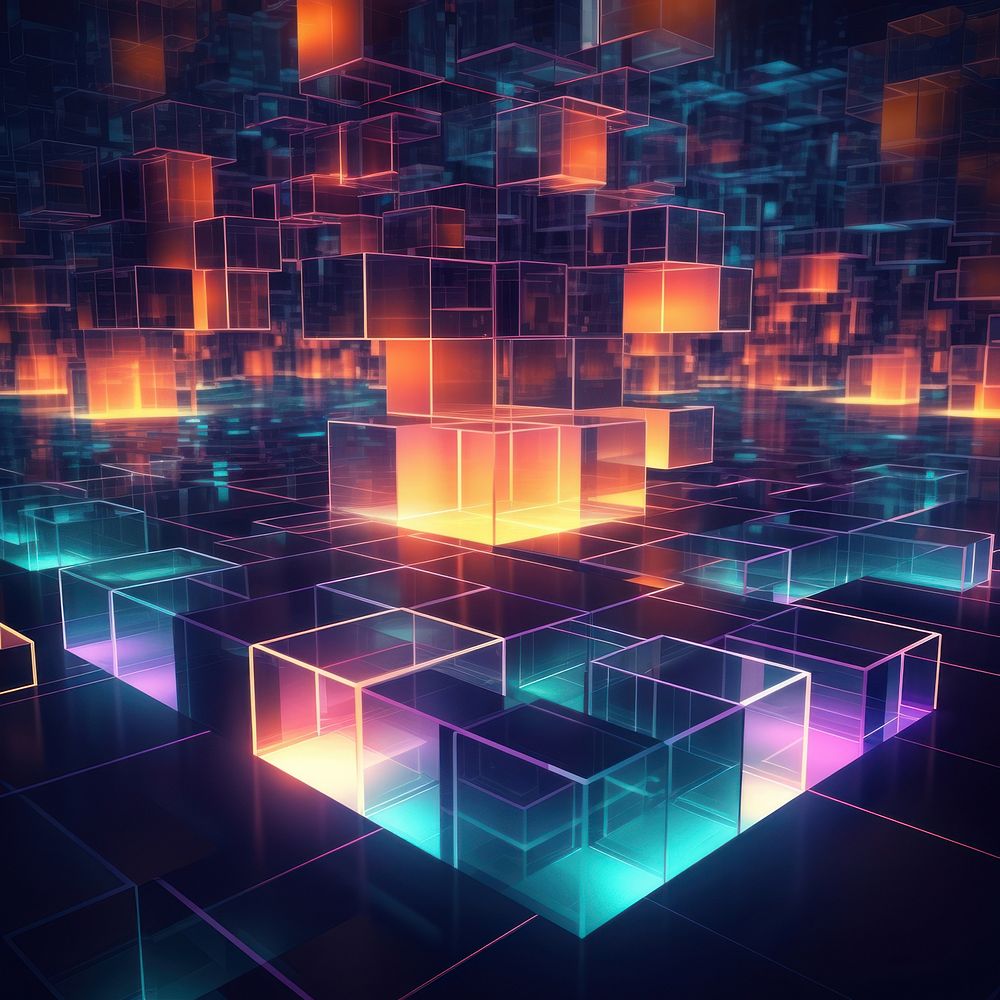 Glowing geometric square shapes glowing pattern light. AI generated Image by rawpixel.